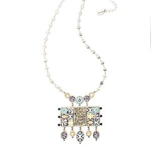 Yoolie's Necklace, Aqua, Blue, Gold Sparkle Motif, Silver Chain, Closure 15-19"